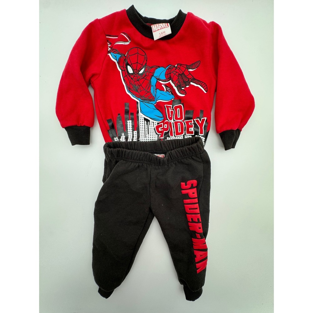 Marvel Spiderman Boys 18M Red Black Fleece Sweatshirt Jogger Pants 2 Piece Set